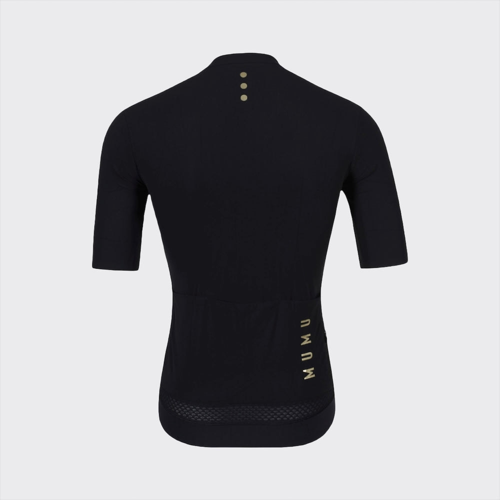 Back view of a black short-sleeve cycling jersey with a full-length zipper and vertical gold MUMU logo on the chest, shown against a light gray background.
