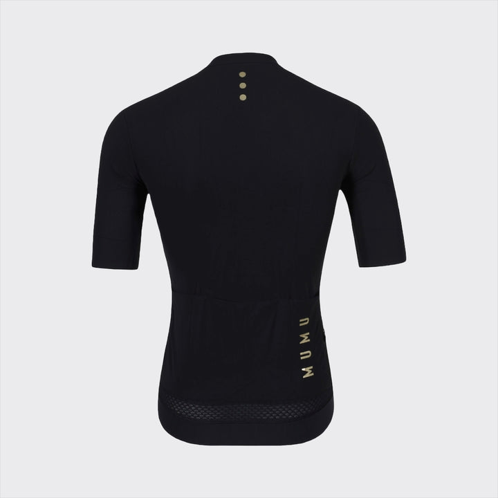Back view of a black short-sleeve cycling jersey with a full-length zipper and vertical gold MUMU logo on the chest, shown against a light gray background.
