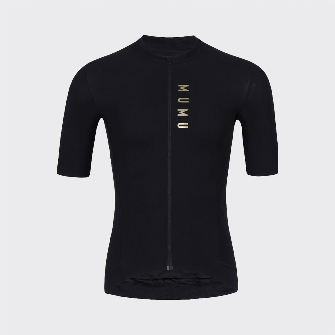 Front view of a black short-sleeve cycling jersey with a full-length zipper and vertical gold MUMU logo on the chest, shown against a light gray background.
