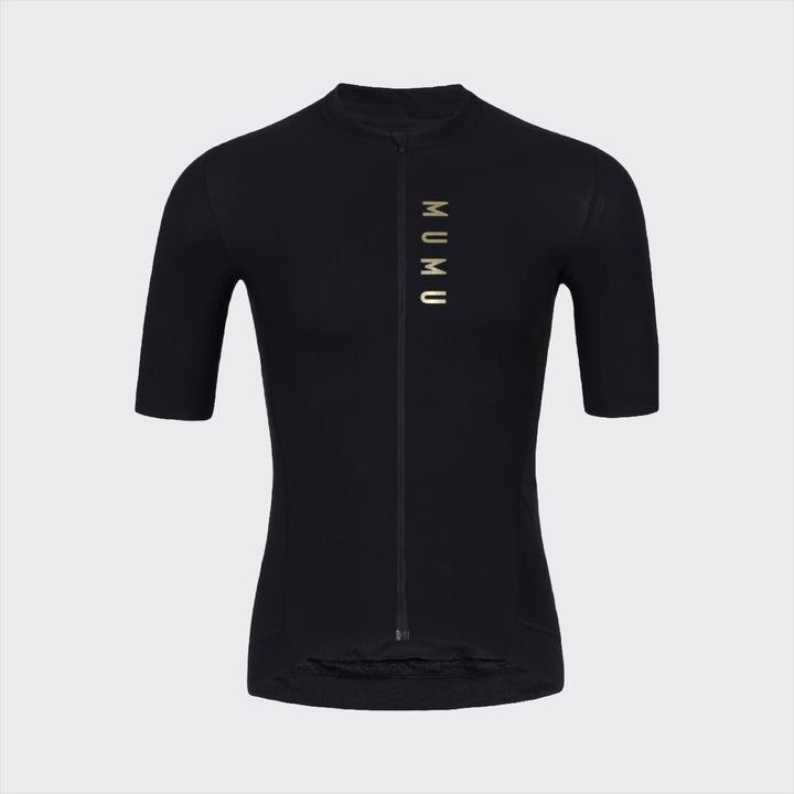 Front view of a black short-sleeve cycling jersey with a full-length zipper and vertical gold MUMU logo on the chest, shown against a light gray background.
