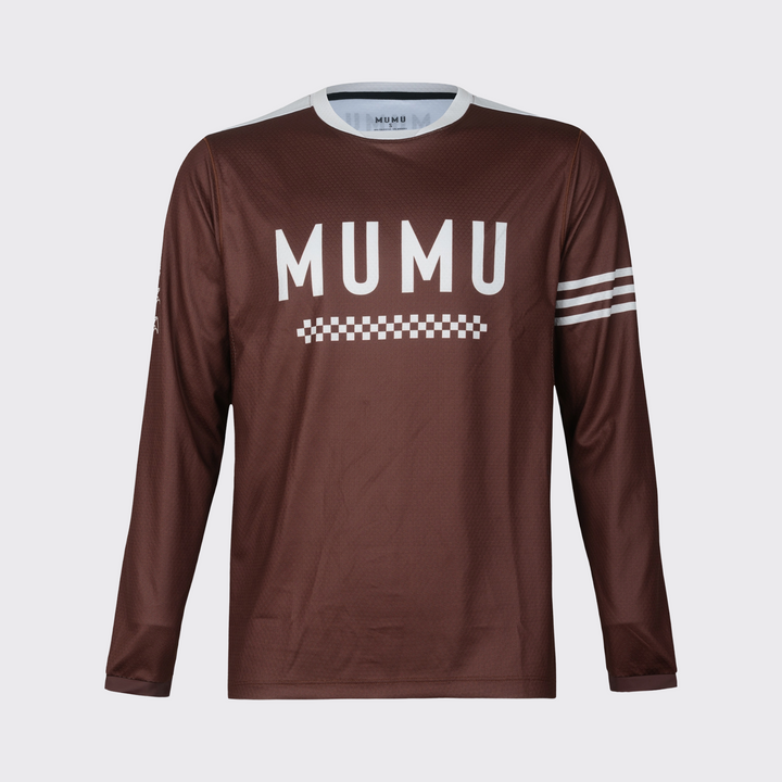 Brown long-sleeve MTB jersey with a relaxed fit, large white MUMU branding across the chest, a white checkered graphic below, three white stripes on one sleeve, and white collar and shoulder accents, shown against a light gray background.

