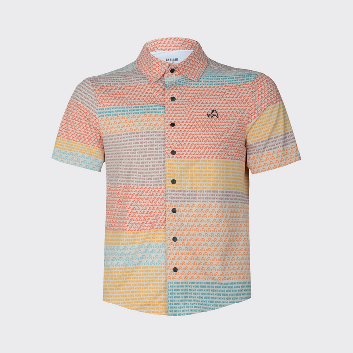 Short-sleeve MUMU button-down shirt with an all-over multicolor pattern of repeating MUMU text and logos in orange, teal, yellow, and beige, finished with black buttons and a small black chest logo.