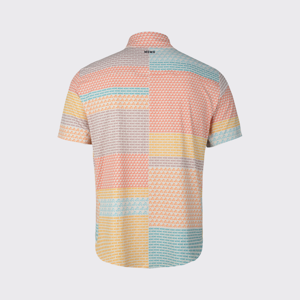 Back view of a short-sleeve MUMU button-down shirt with an all-over multicolor pattern of repeating MUMU text and logos in orange, teal, yellow, and beige, with black MUMU branding centered below the collar.