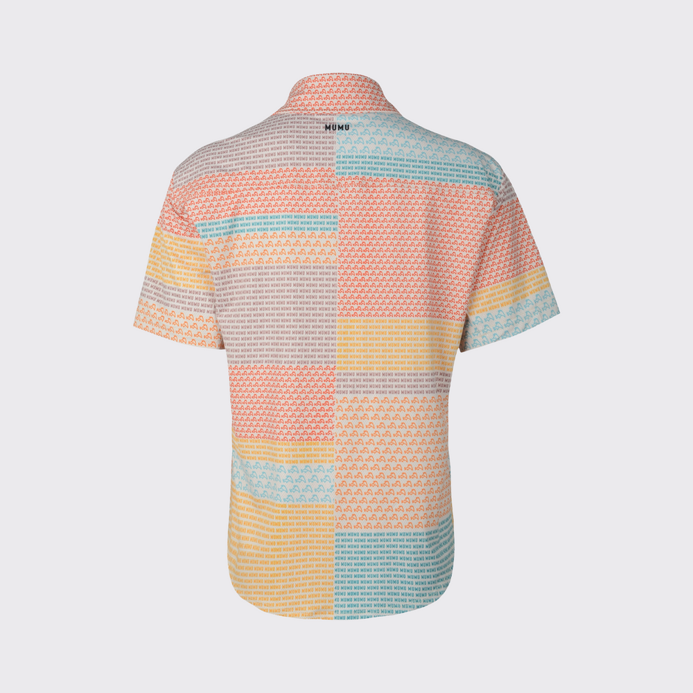 Back view of a short-sleeve button-down shirt featuring an all-over multicolor MUMU logo pattern in orange, teal, yellow, and beige, with black MUMU branding centered below the collar, shown against a light gray background.